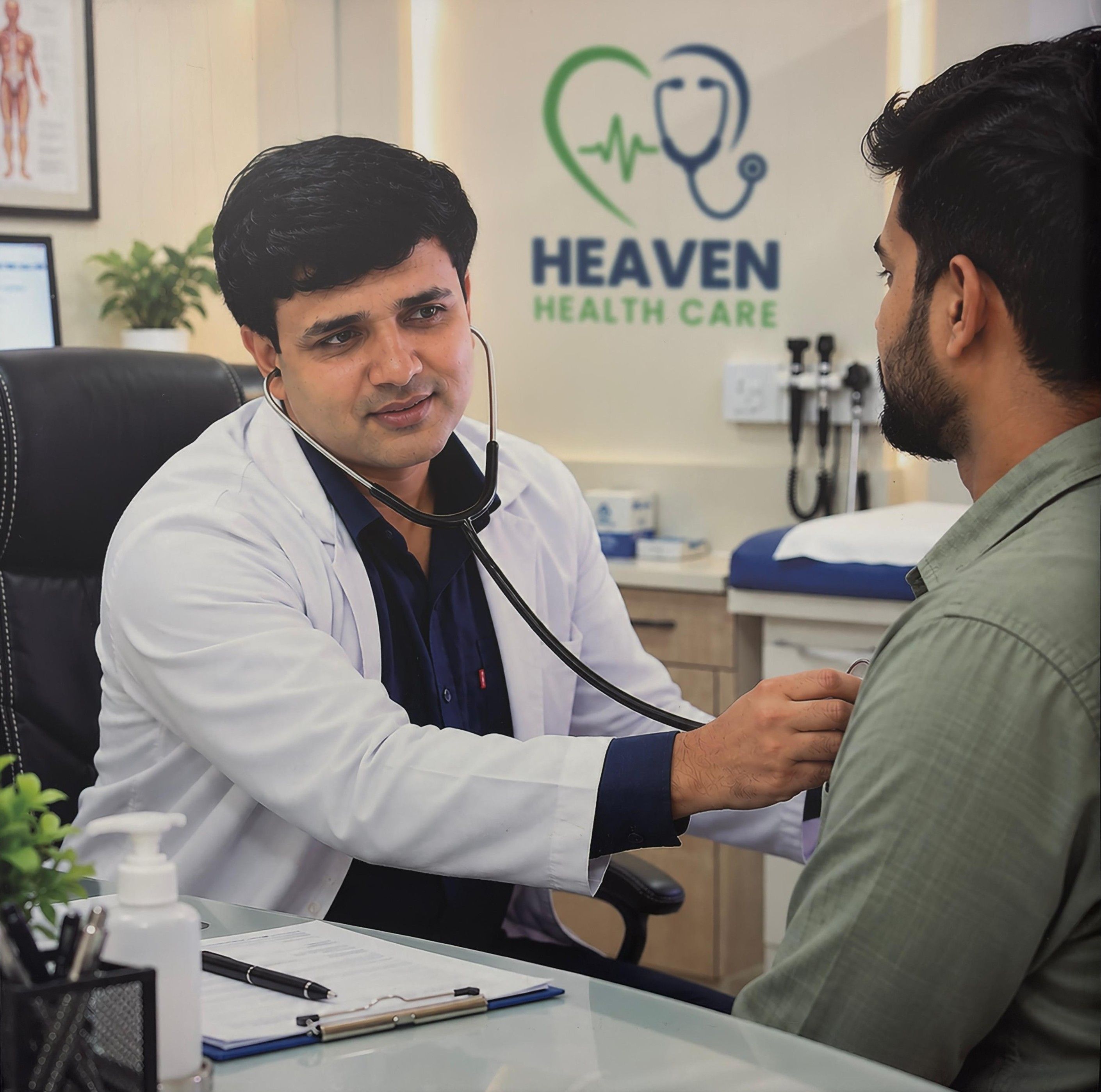 A doctor consulting with a patient in a clinic examination room